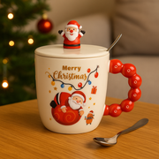 Christmas Ceramic Mug with Lid & Spoon | 350 ML Santa Mug with Red Handle | Merry Christmas Gift Cup for Coffee