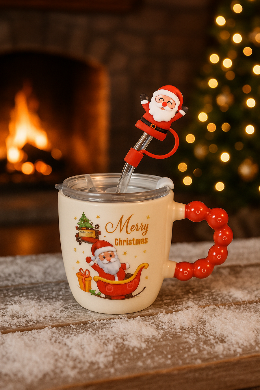🎅 Festive “Merry Christmas” Santa Mug with Straw & Lid Set