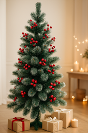 Artificial Christmas Tree with Snow-Frosted Branches & Red Berries – Indoor Festive Decoration
