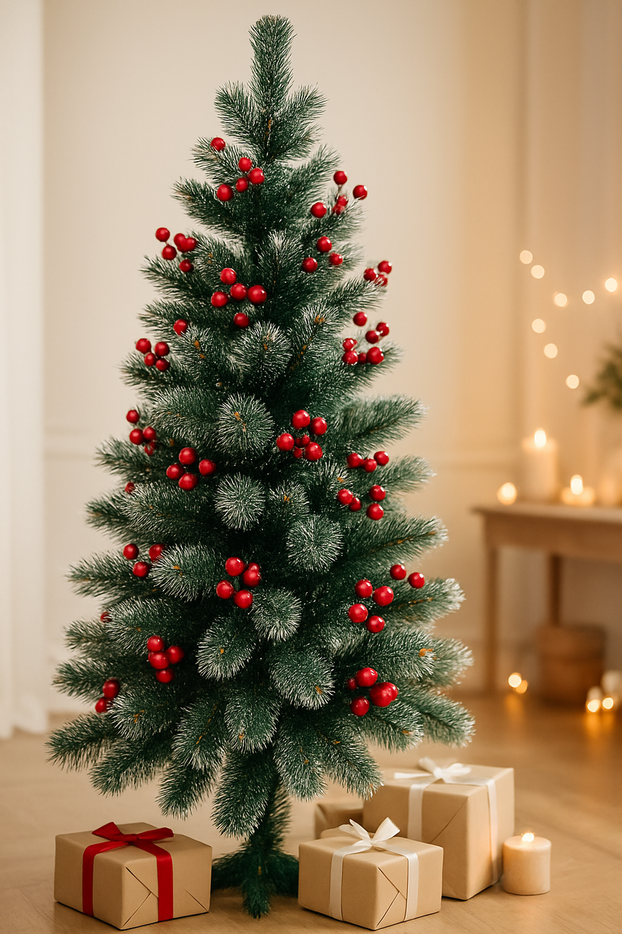 Artificial Christmas Tree with Snow-Frosted Branches & Red Berries – Indoor Festive Decoration