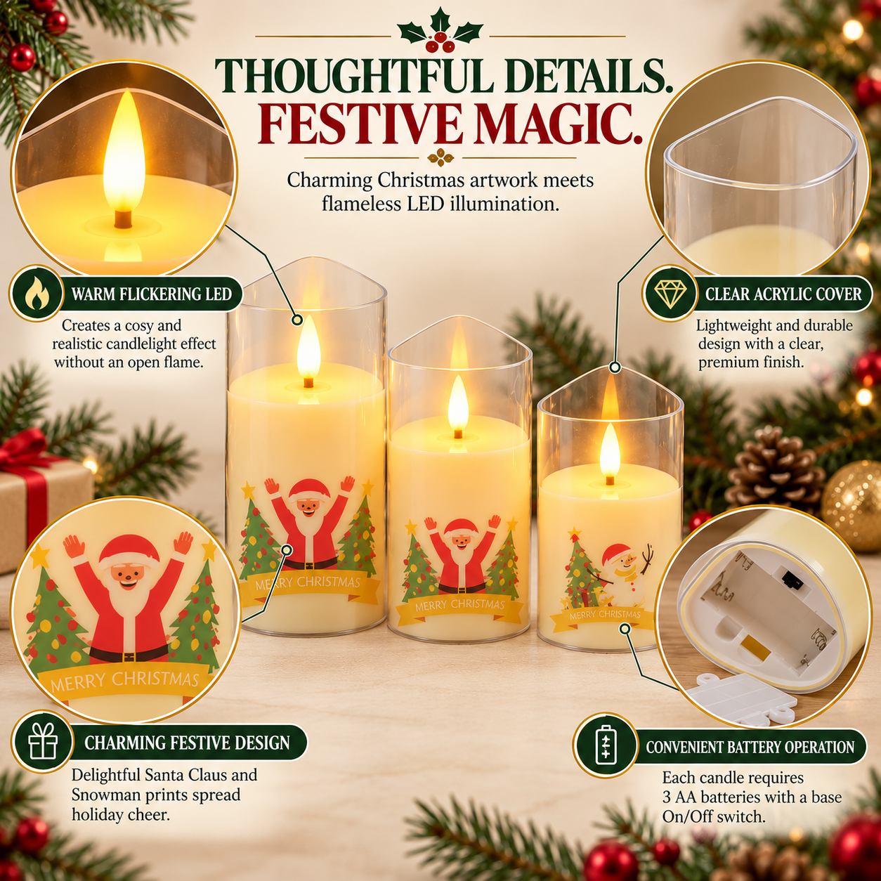 Coral Tree LED Flameless Christmas Candle Set – Santa & Snowman Print