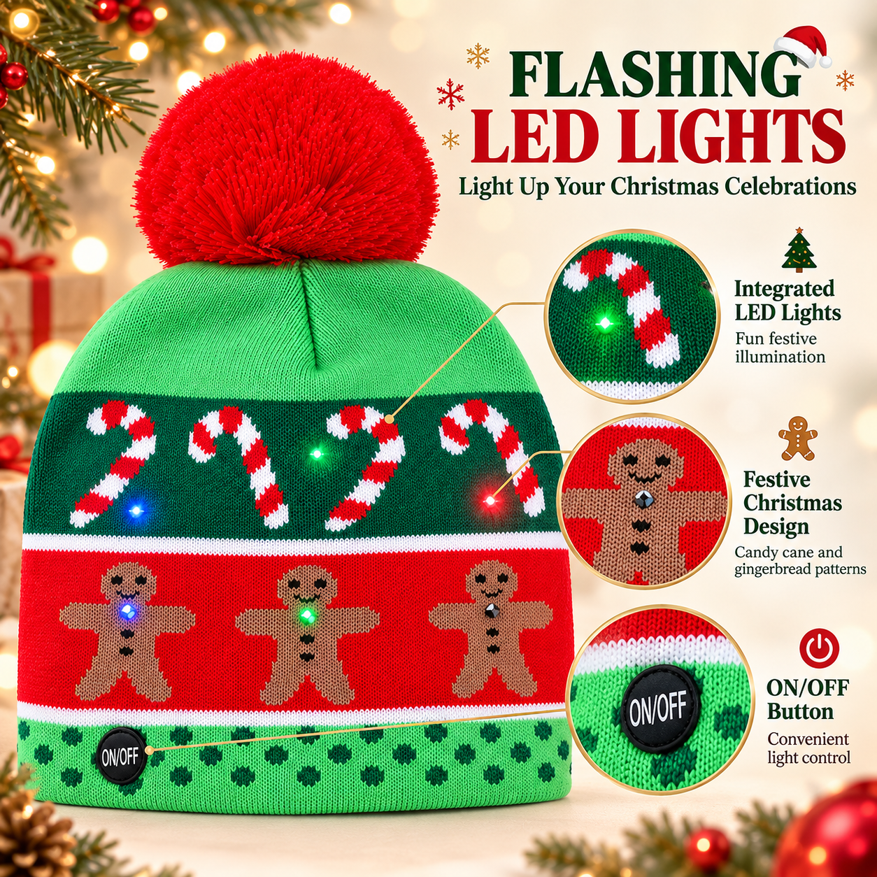 LED Christmas Woolen ginger breadman Cap with 4 Light Modes & 6 Built-in LEDs