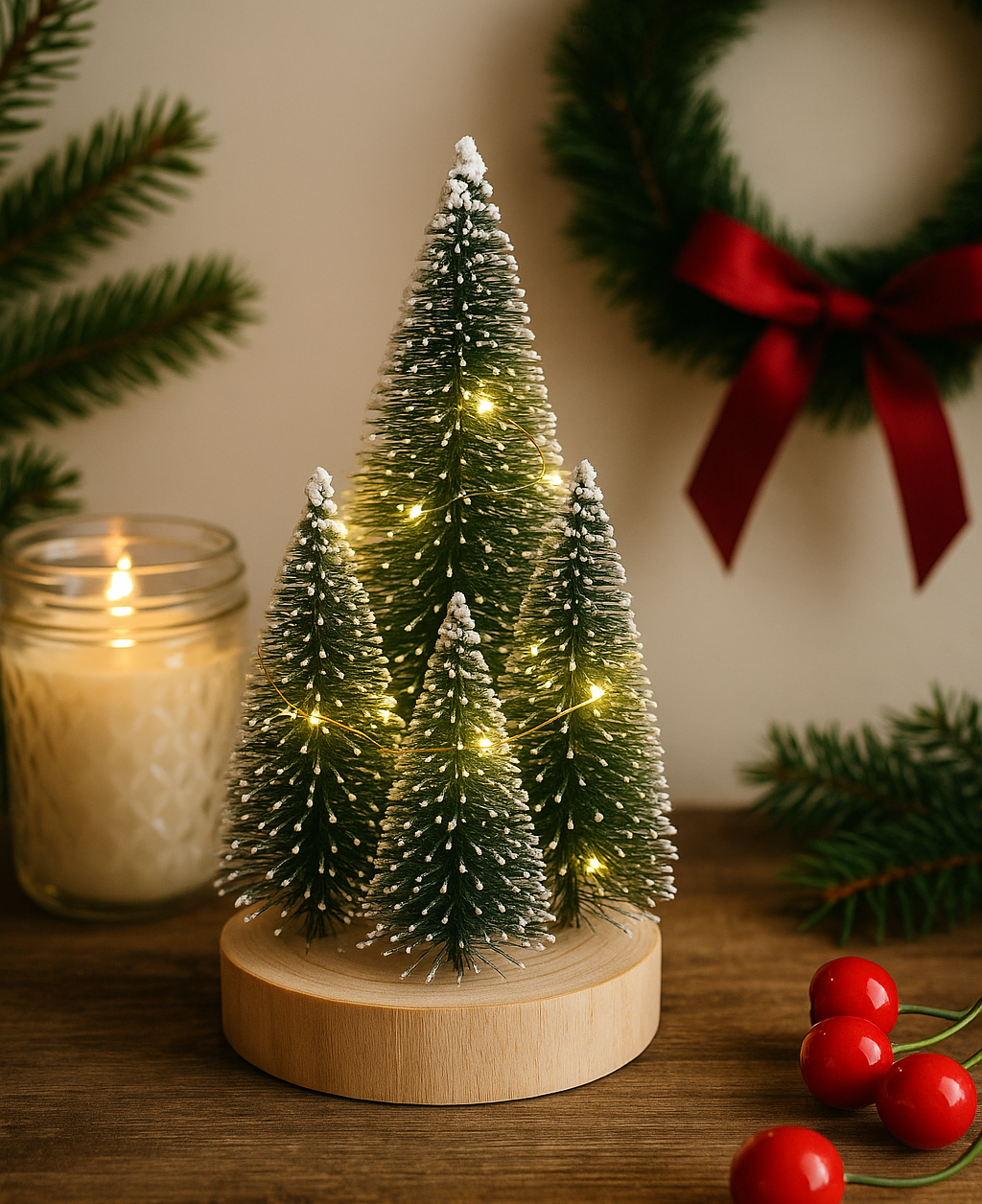 Mini Snow-Dusted Christmas Tree Decoration with Warm Fairy Lights