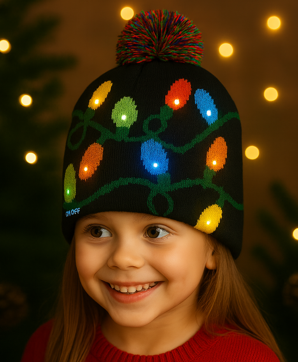 LED Christmas Woolen Beanie Cap – Soft Knit, 5 White Lights