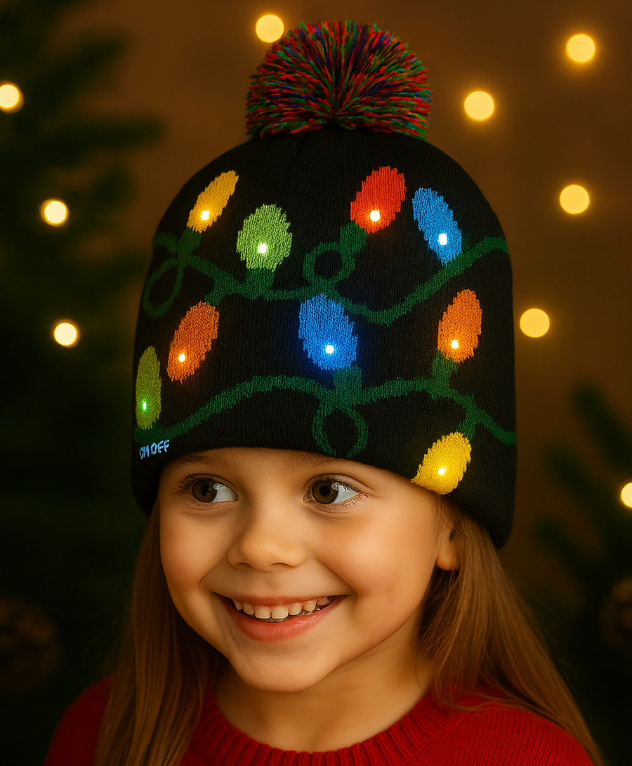 LED Christmas Woolen Beanie Cap – Soft Knit, 5 White Lights