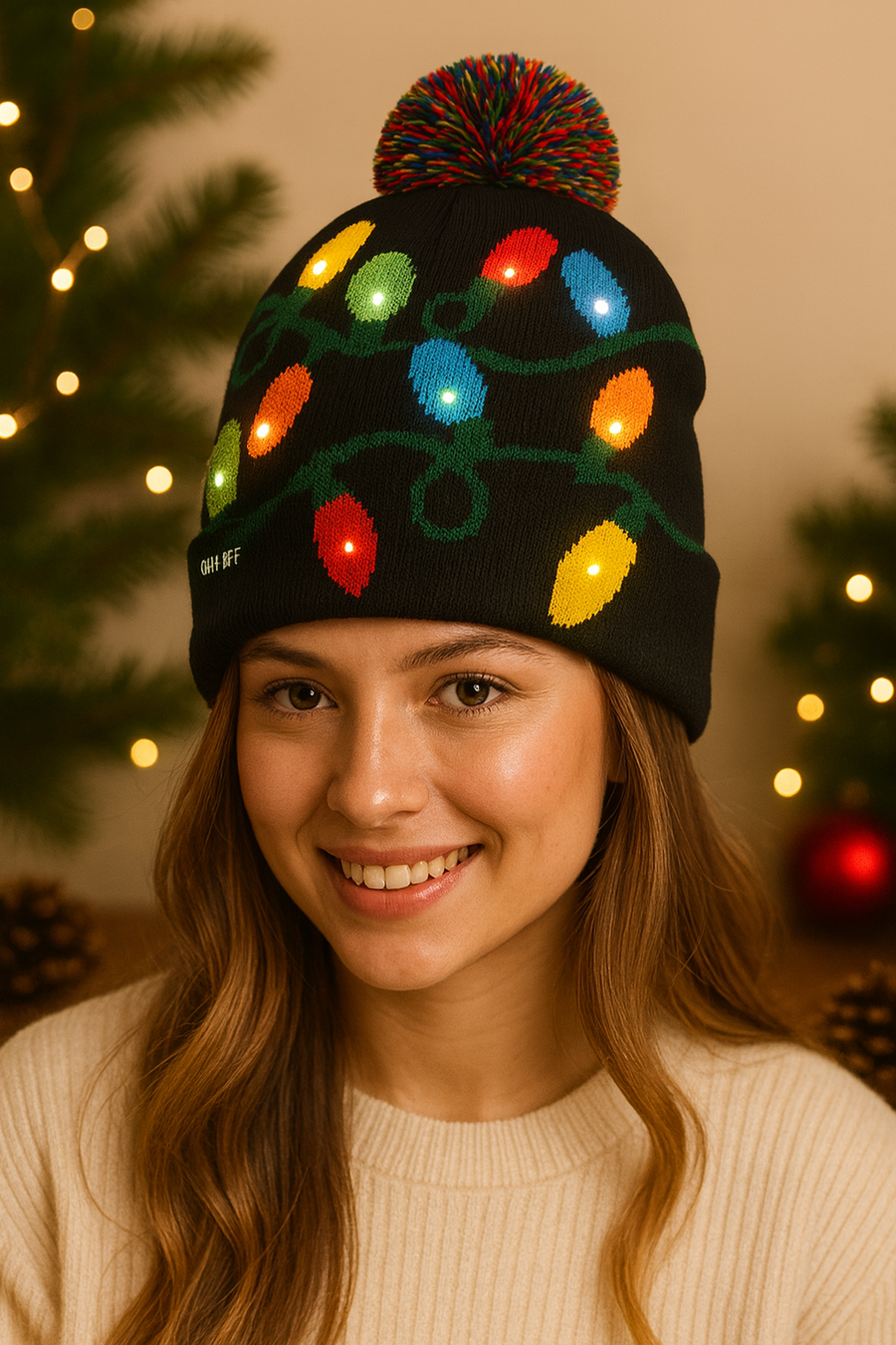 LED Christmas Woolen Beanie Cap – Soft Knit, 5 White Lights