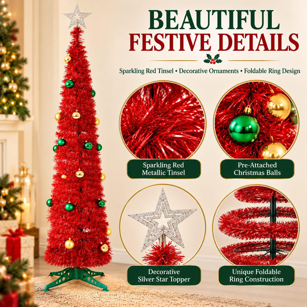 5.3 Ft Collapsible Christmas Tree with Pre-Fixed Balls | Ready to Install | Foldable & Reusable Holiday Tree