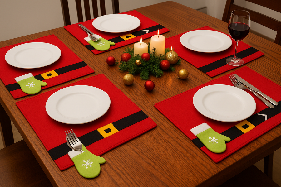 Coral Tree Christmas Santa Suit Placemats with Green Glove Cutlery Holder – Set of 4