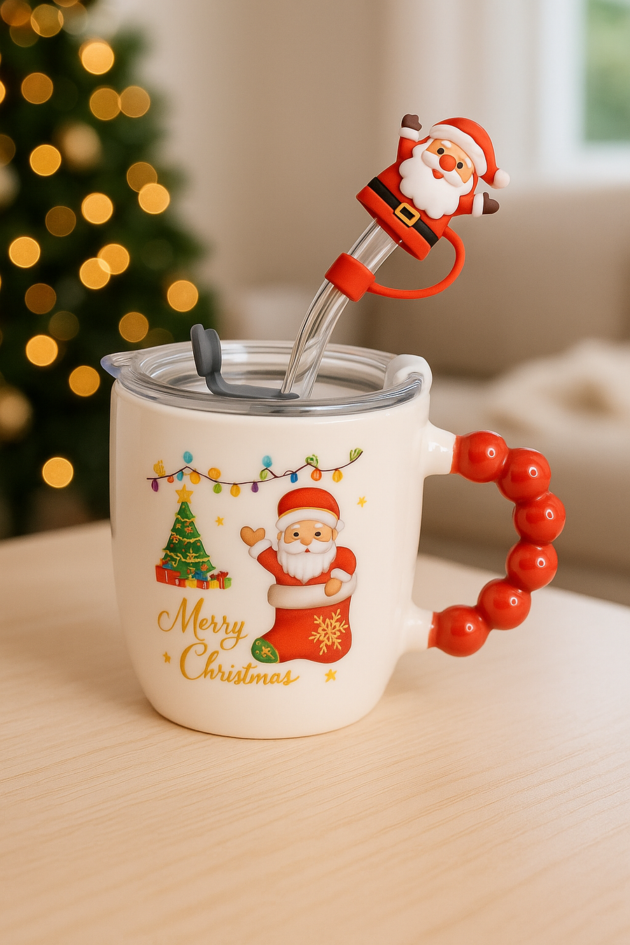🎅 Festive “Merry Christmas” Santa Mug with Straw & Lid Set