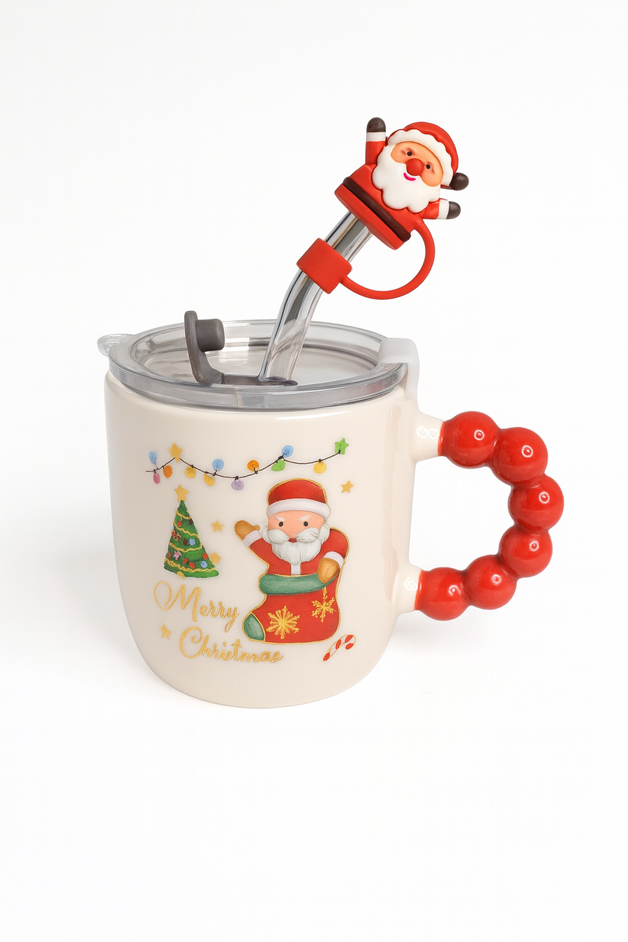 🎅 Festive “Merry Christmas” Santa Mug with Straw & Lid Set