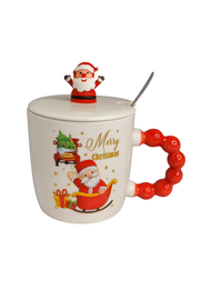 Christmas Ceramic Mug with Lid & Spoon | 350 ML Santa Mug with Red Handle | Merry Christmas Gift Cup for Coffee