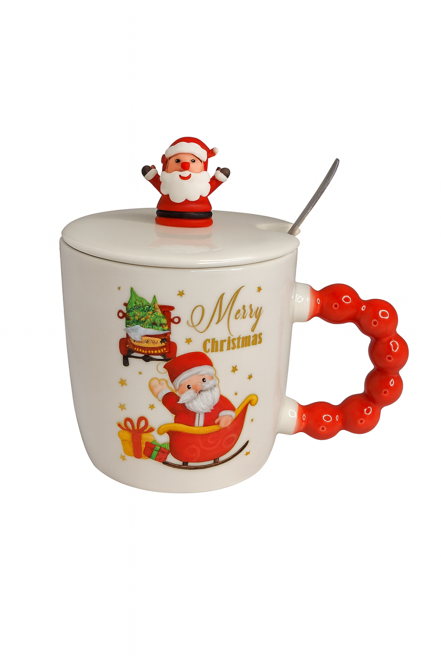 Christmas Ceramic Mug with Lid & Spoon | 350 ML Santa Mug with Red Handle | Merry Christmas Gift Cup for Coffee