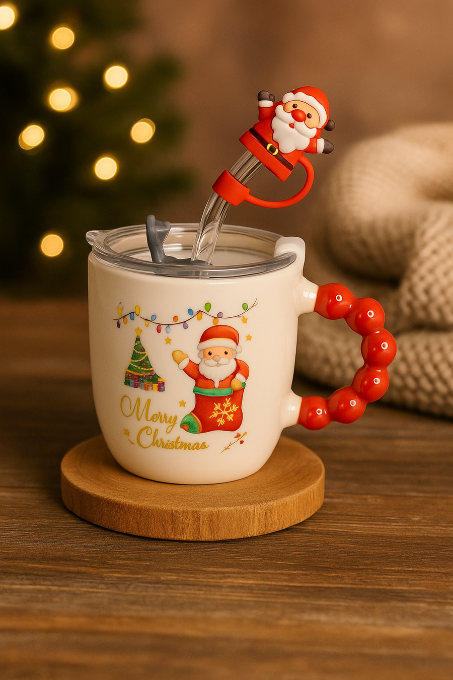 🎅 Festive “Merry Christmas” Santa Mug with Straw & Lid Set