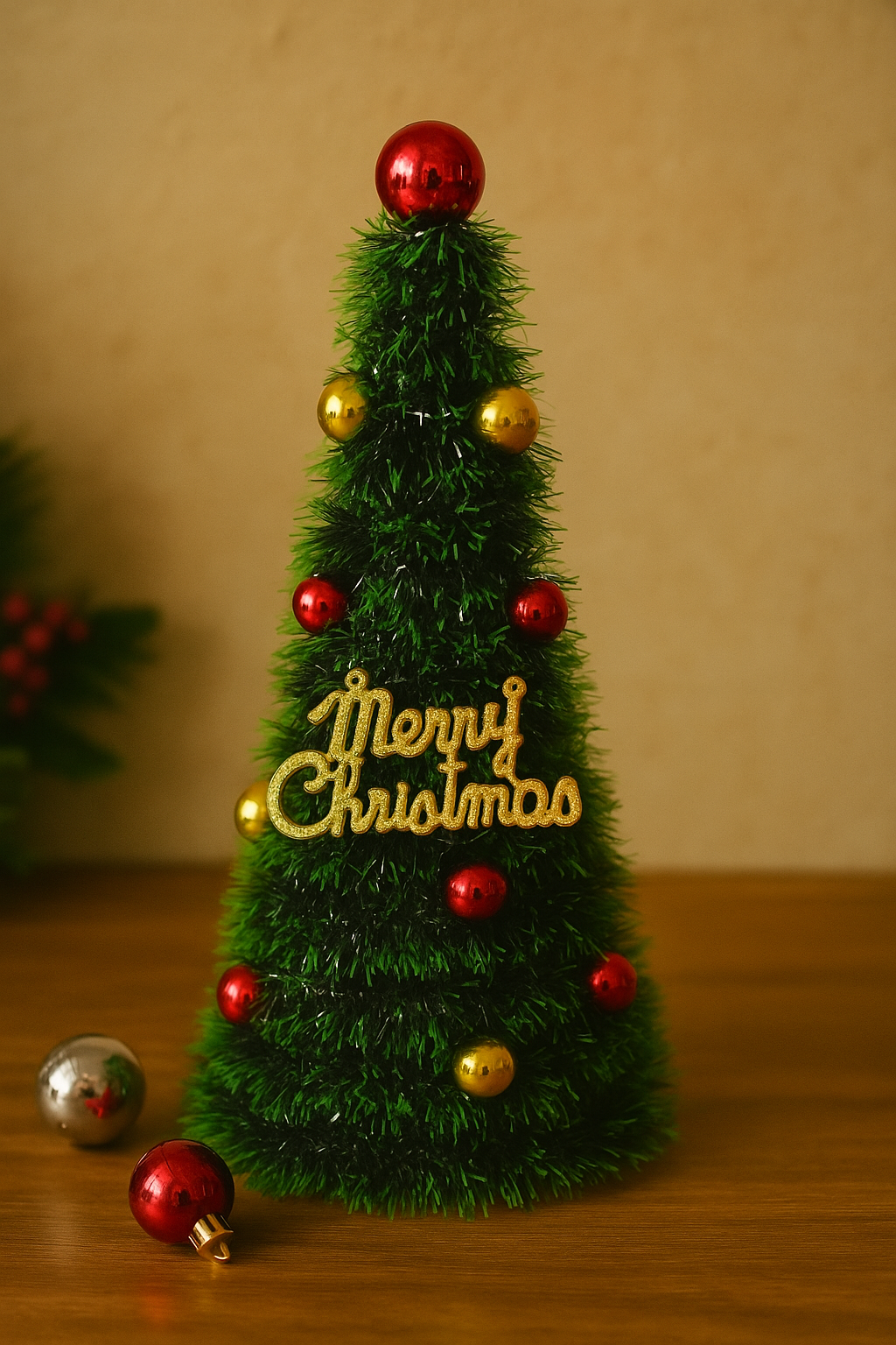 Set of 2 Green Tinsel Christmas Cones – 55 cm Height, 20 cm Base – PVC Evergreen Look with Red & Gold Baubles,