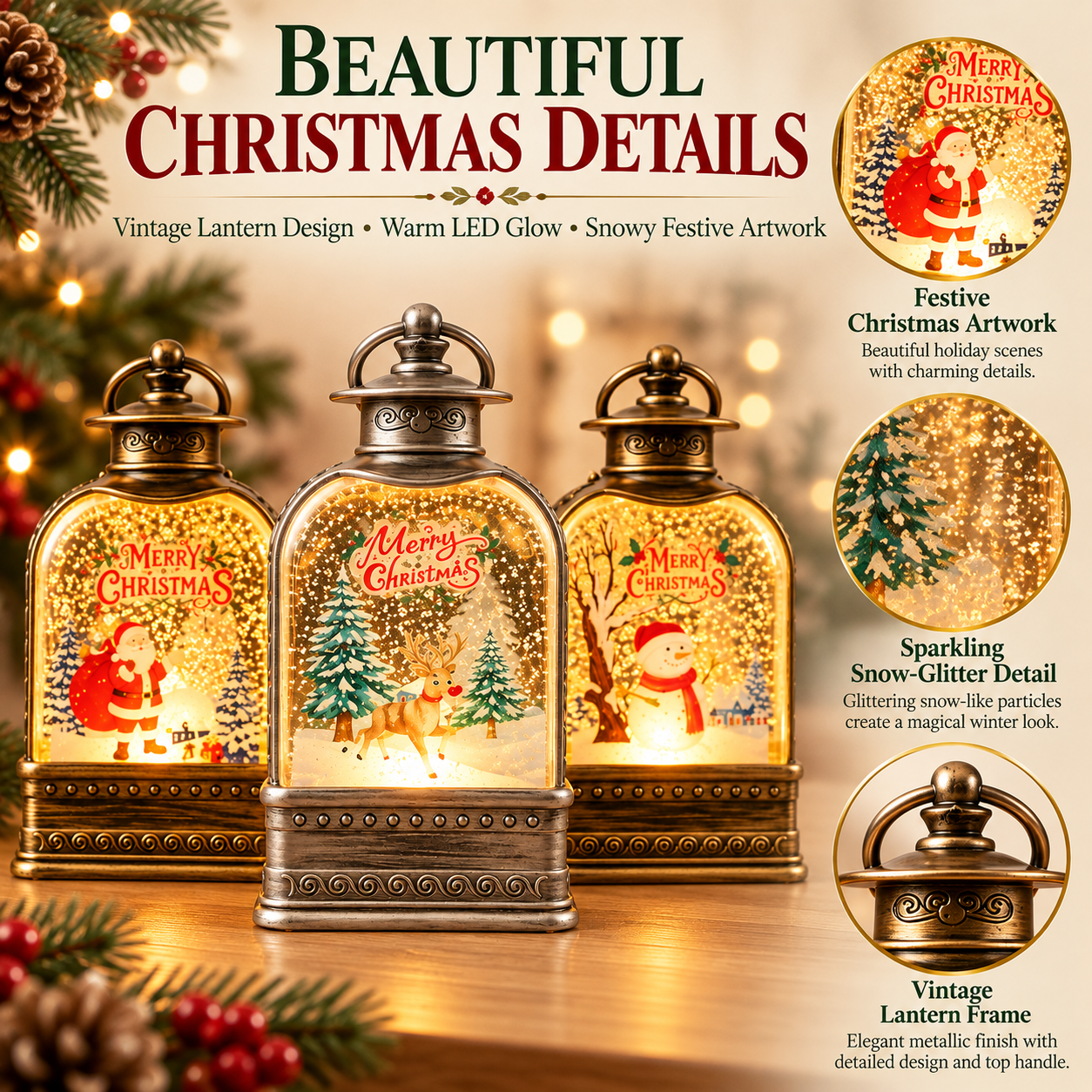 Christmas LED Hanging Snow Lantern – Antique Finish (17 cm) Set of 3