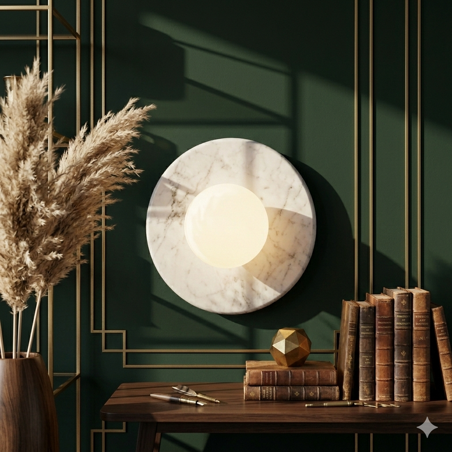 Luxury Carrera White Marble Round Wall Sconce – Minimalist Handcrafted Design with G9 LED Glow