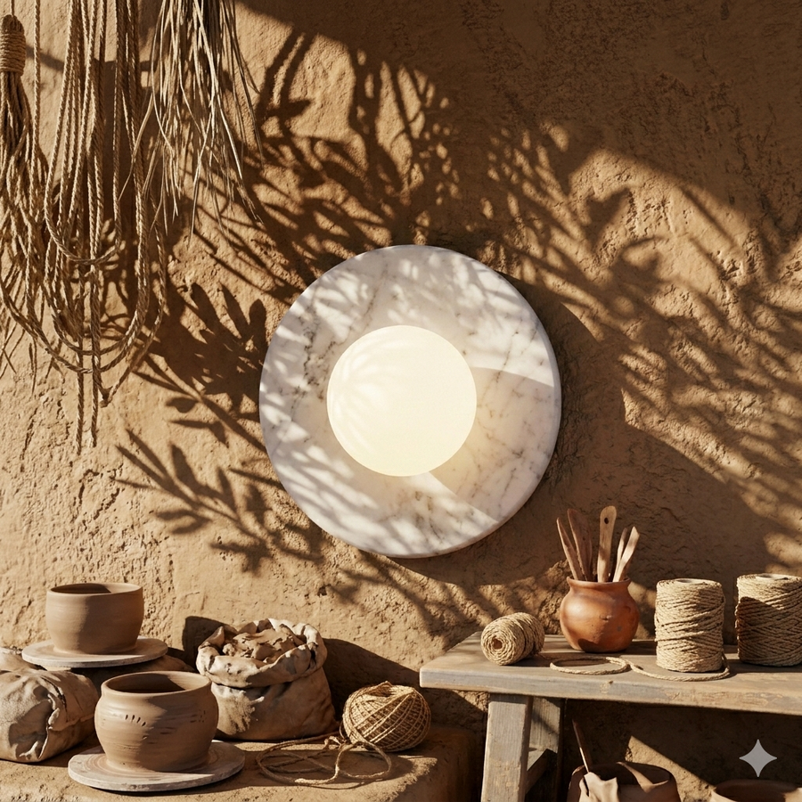 Luxury Carrera White Marble Round Wall Sconce – Minimalist Handcrafted Design with G9 LED Glow