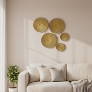 Golden Metal Wall Art Set of 5 | 3 Large & 2 Small Decorative Wall Plates | Luxury Textured Round Metal Wall Hanging for Living Room