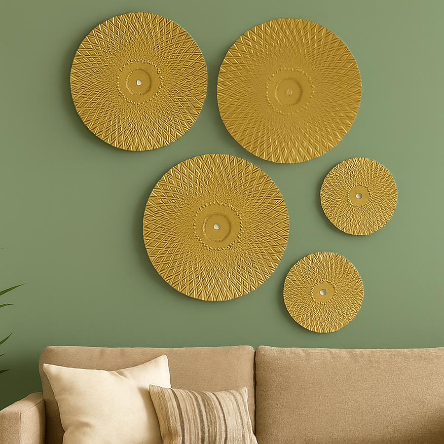 Golden Metal Wall Art Set of 5 | 3 Large & 2 Small Decorative Wall Plates | Luxury Textured Round Metal Wall Hanging for Living Room