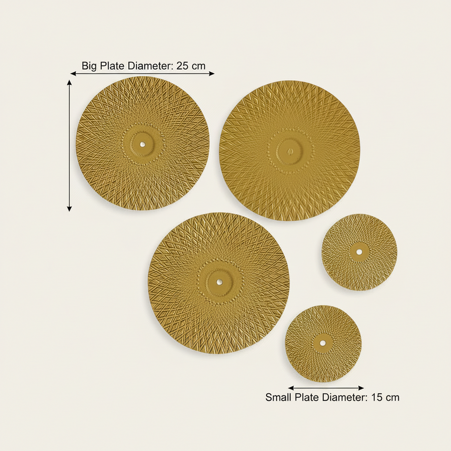 Golden Metal Wall Art Set of 5 | 3 Large & 2 Small Decorative Wall Plates | Luxury Textured Round Metal Wall Hanging for Living Room