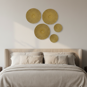 Golden Metal Wall Art Set of 5 | 3 Large & 2 Small Decorative Wall Plates | Luxury Textured Round Metal Wall Hanging for Living Room