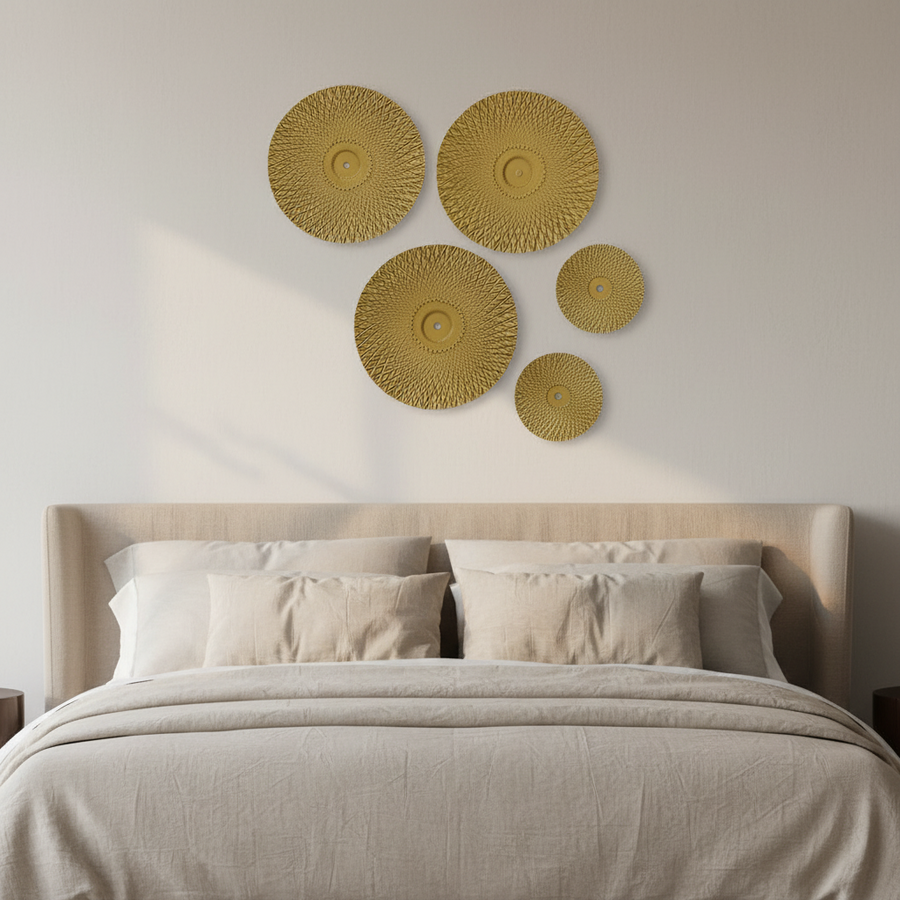 Golden Metal Wall Art Set of 5 | 3 Large & 2 Small Decorative Wall Plates | Luxury Textured Round Metal Wall Hanging for Living Room