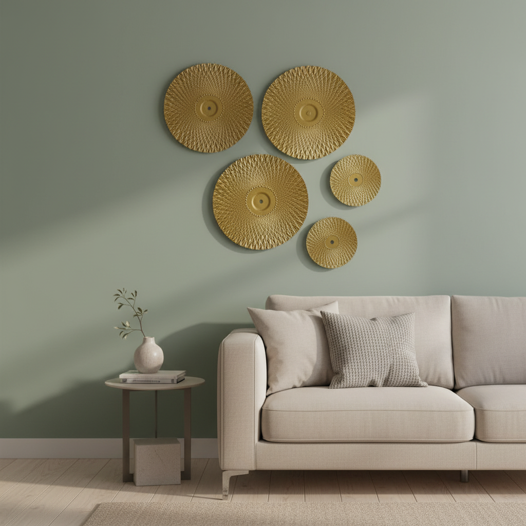 Golden Metal Wall Art Set of 5 | 3 Large & 2 Small Decorative Wall Plates | Luxury Textured Round Metal Wall Hanging for Living Room
