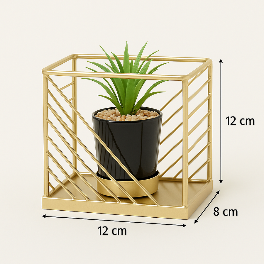 Artificial Tabletop Planter with Golden Metal Frame & Black Pot
