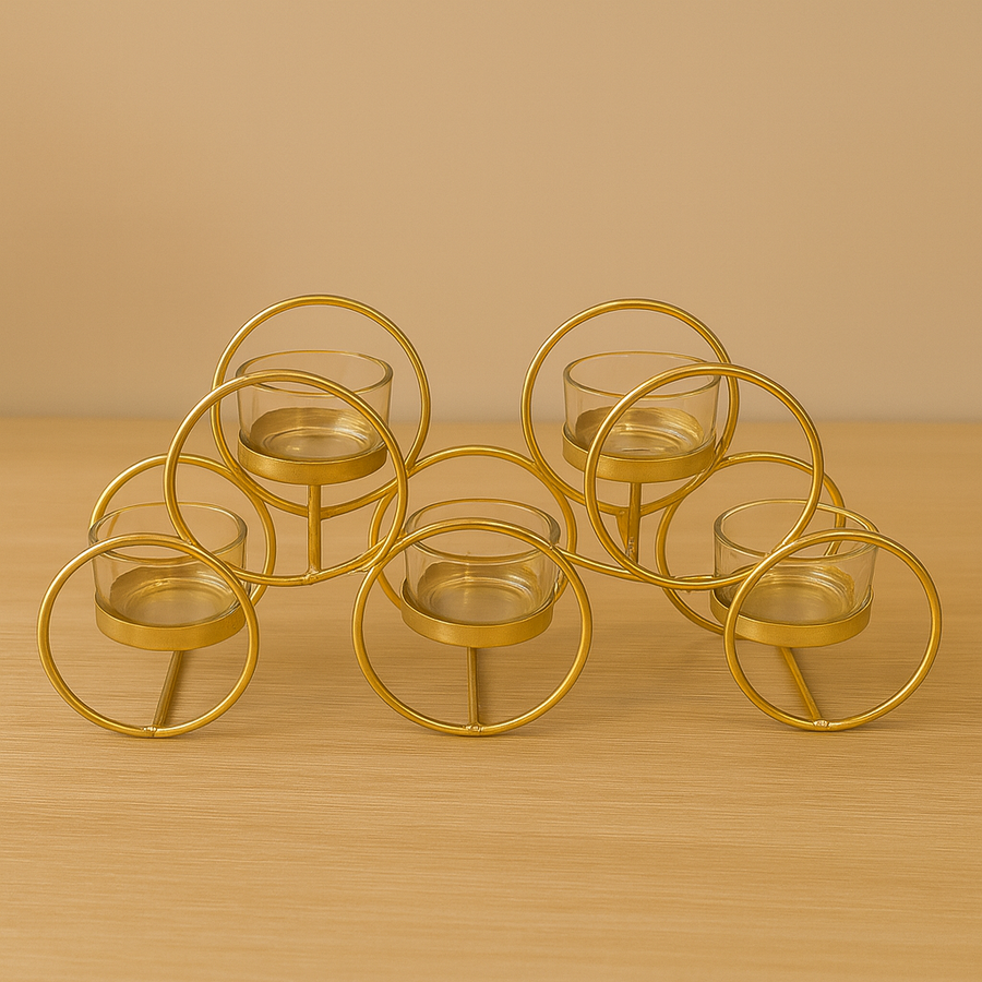 Elegant Gold Metal & Glass T-Light Candle Holder – 5 Holder Design