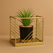 Artificial Tabletop Planter with Golden Metal Frame & Black Pot