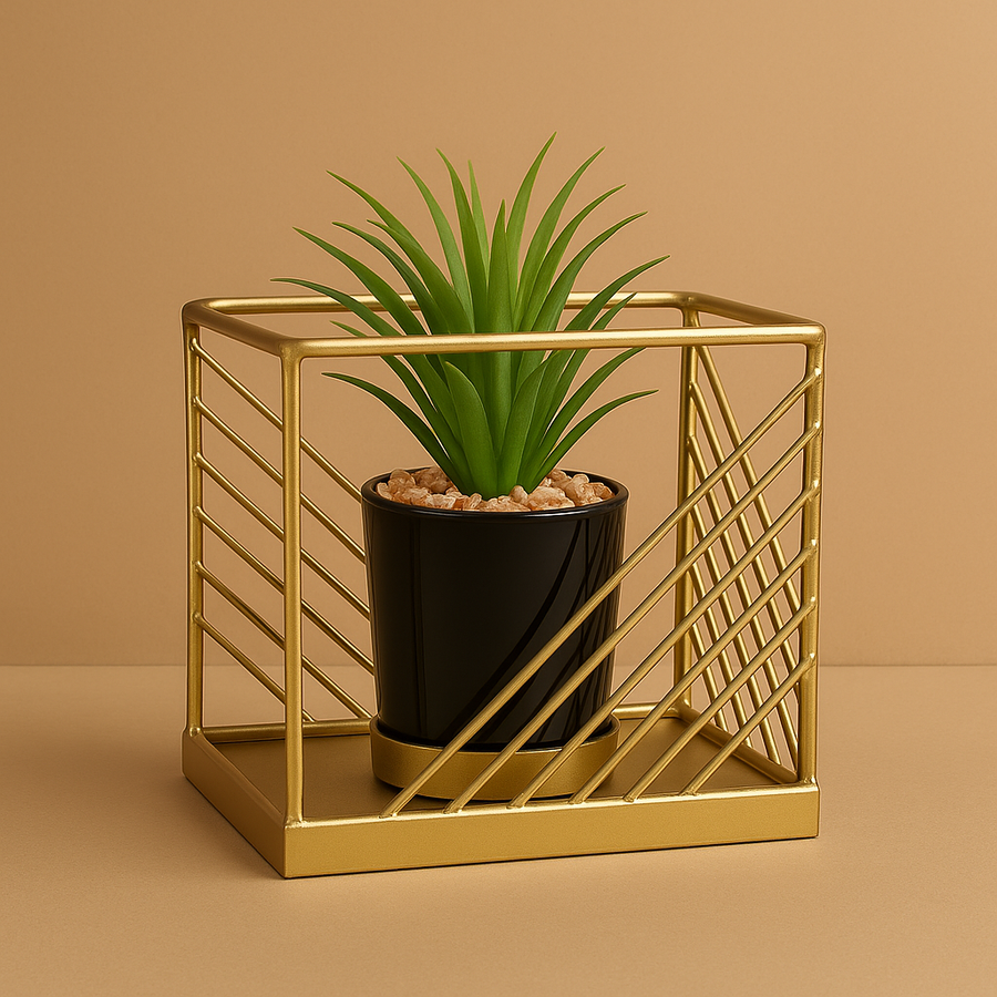 Artificial Tabletop Planter with Golden Metal Frame & Black Pot