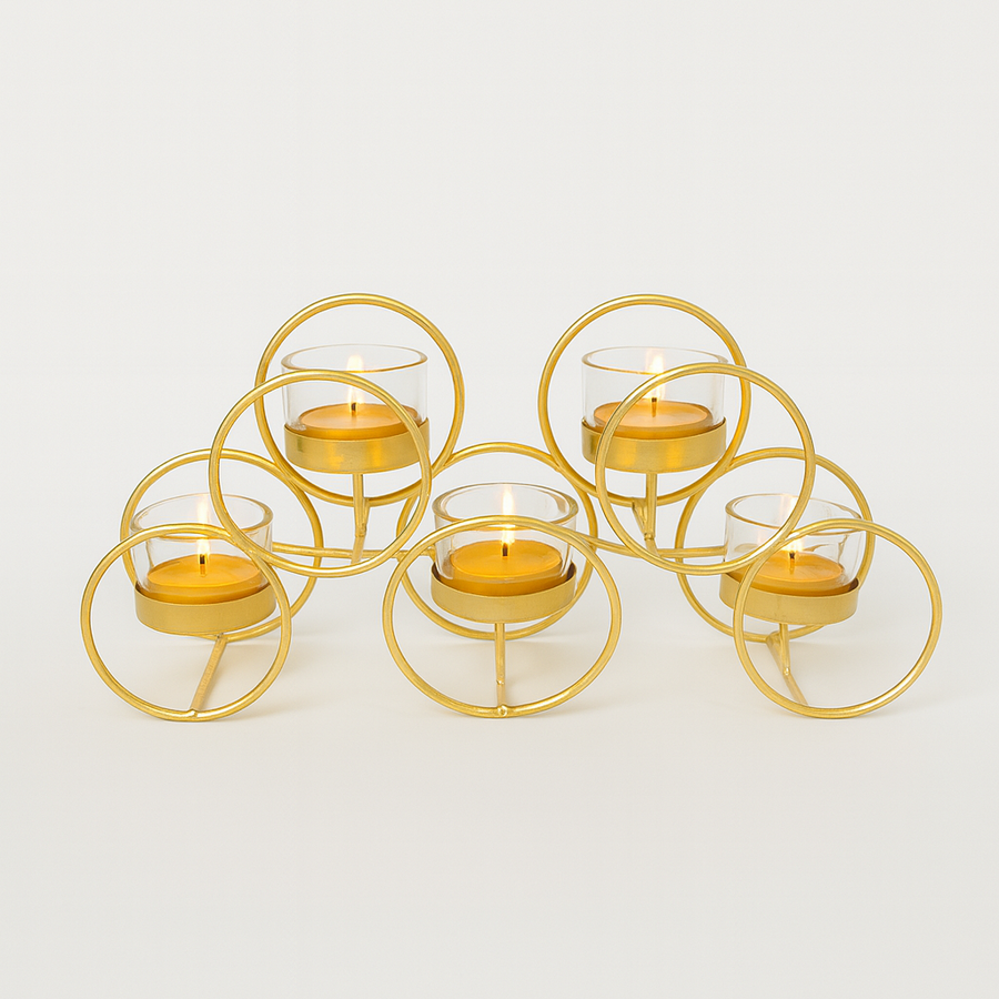 Elegant Gold Metal & Glass T-Light Candle Holder – 5 Holder Design