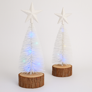 Mini White LED Christmas Tree with Wooden Base Set of 2