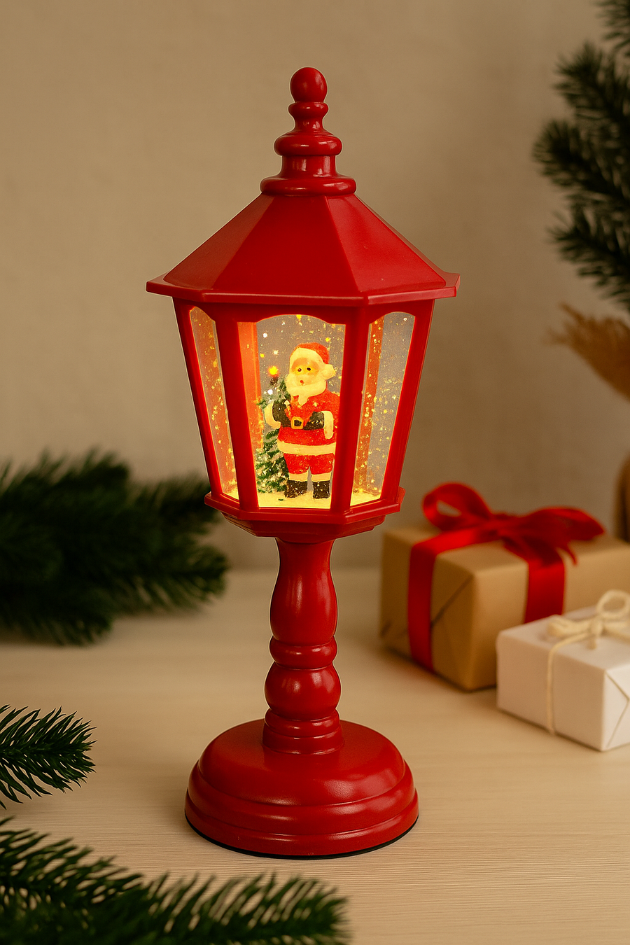 Coral Tree Christmas Lantern Light Santa & Snowman Design | Warm LED Glow with Snow Glitter Effect | 23 cm Height