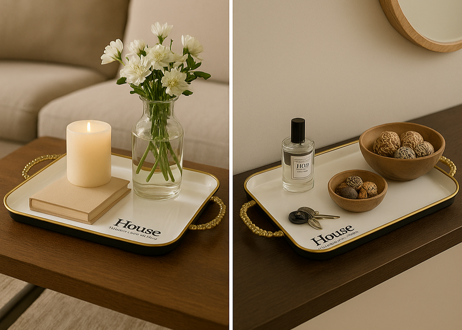 set of 3 off- White & Gold Rectangular Serving Tray