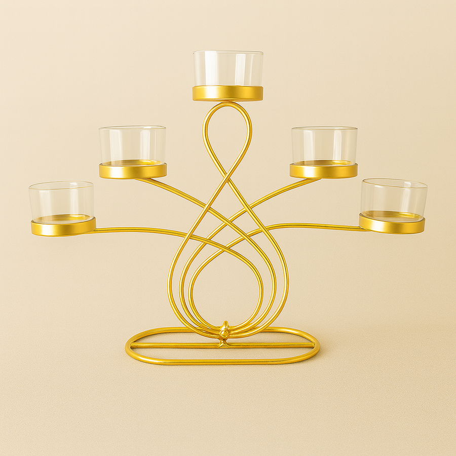 Elegant 5-Arm T-Light Candle Holder | Gold Metal Stand with Glass Cups | Home Décor Accent