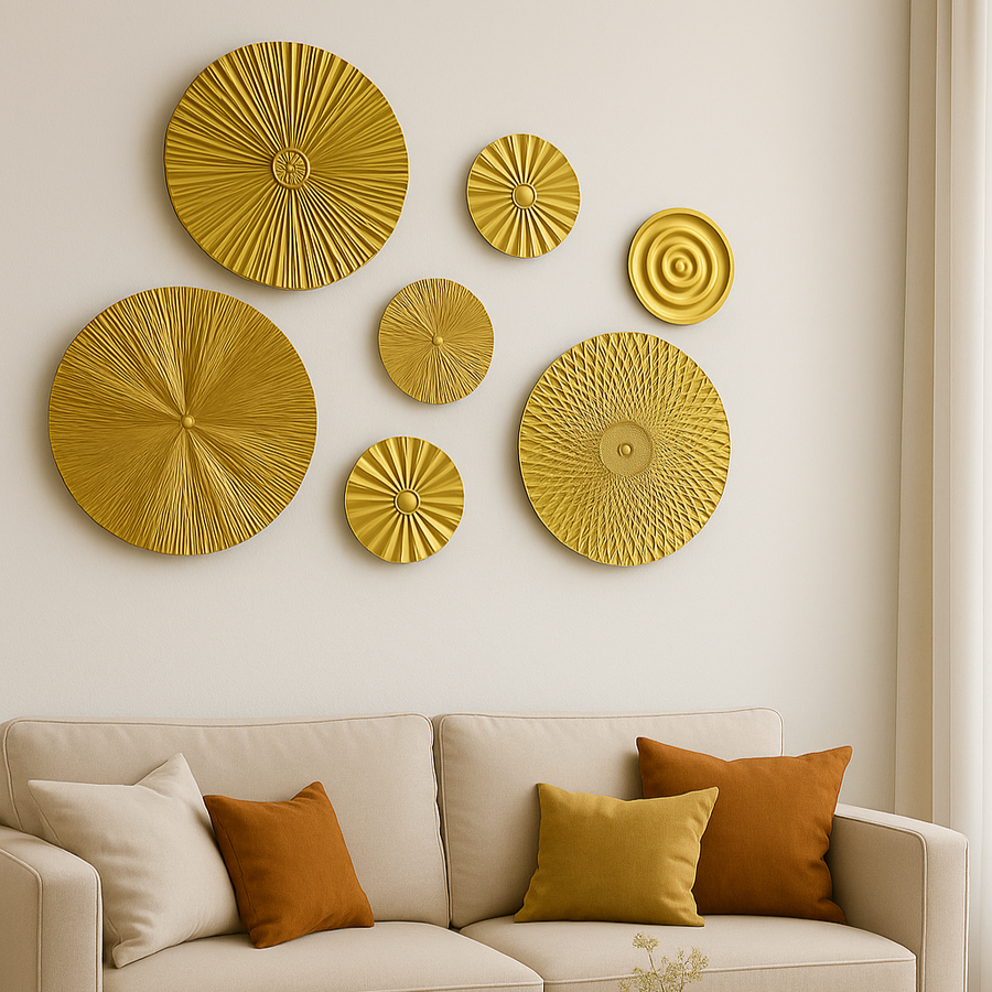 Golden Metal Wall Plate Set – 7 Round Decorative Wall Hangings for Bedroom, Living Room & Hall