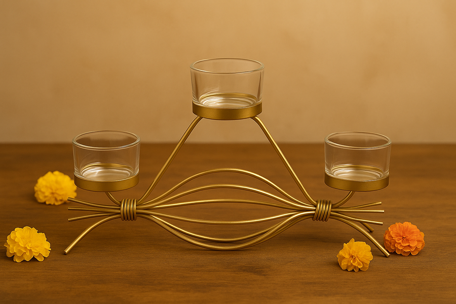 Coral Tree Golden Triple T-Light Candle Holder with Glass Cups – Elegant Metal Candle Stand for Home, Festive & Gifting