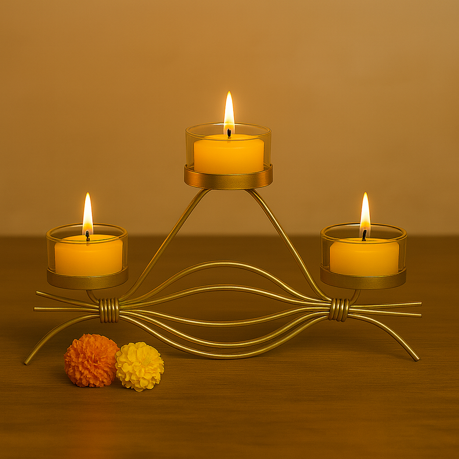 Coral Tree Golden Triple T-Light Candle Holder with Glass Cups – Elegant Metal Candle Stand for Home, Festive & Gifting