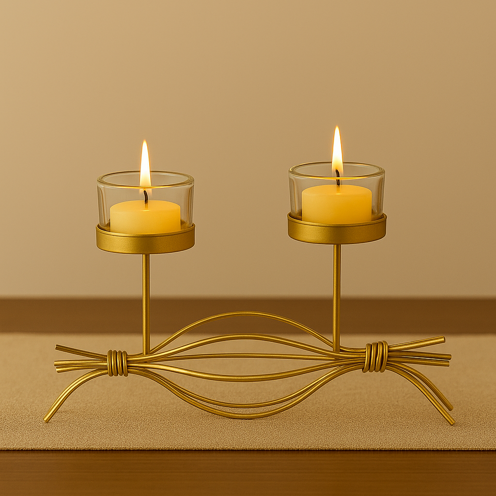 Coral Tree Golden Double T-Light Candle Holder with Glass Cups – Elegant Metal Candle Stand for Home Décor, Puja & Festive Lighting