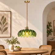 Vintage Green Glass Pendant Light with Wooden Holder & E-27 Bulb Socket | Adjustable Hanging Ceiling Light for Dining Room, Kitchen & Café