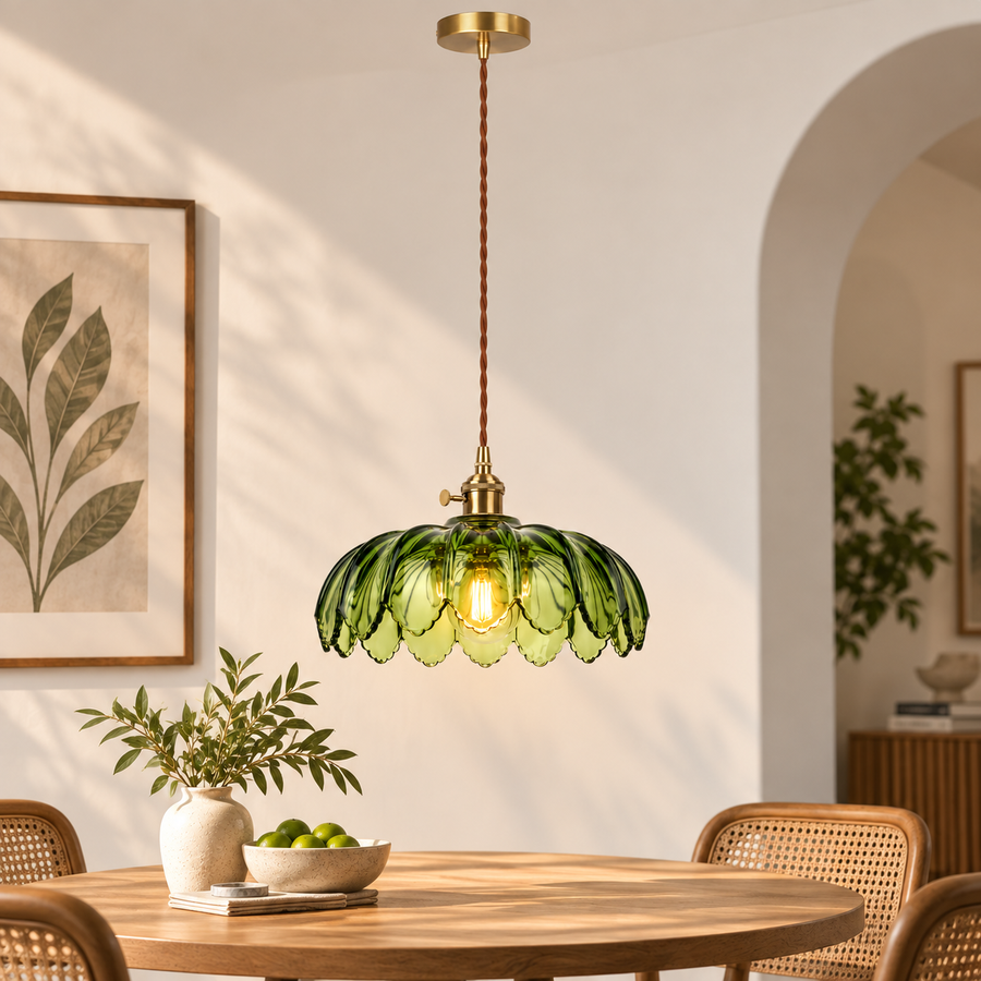 Vintage Green Glass Pendant Light with Wooden Holder & E-27 Bulb Socket | Adjustable Hanging Ceiling Light for Dining Room, Kitchen & Café