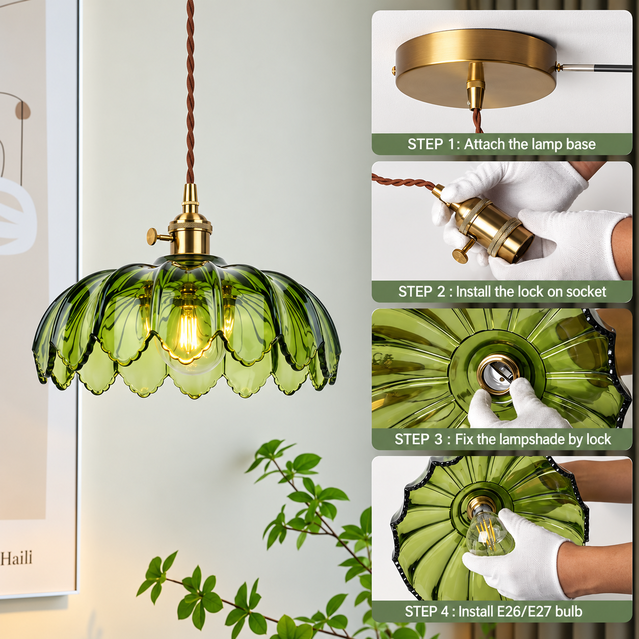 Vintage Green Glass Pendant Light with Wooden Holder & E-27 Bulb Socket | Adjustable Hanging Ceiling Light for Dining Room, Kitchen & Café