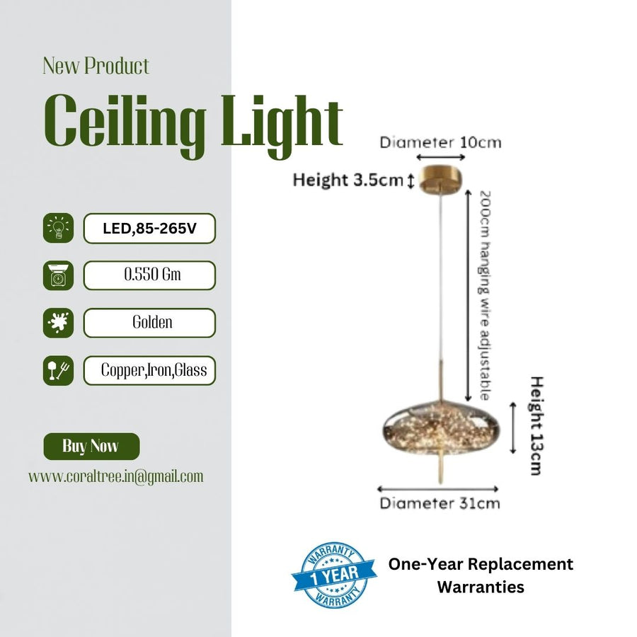 LED Fairy Big Smokey Glass Gold Pendant Ceiling Light - Warm White