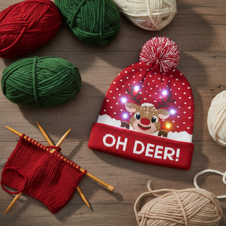 OH DEER LED Wool Winter Cap – 6 Light Modes, Soft Knit, Unisex