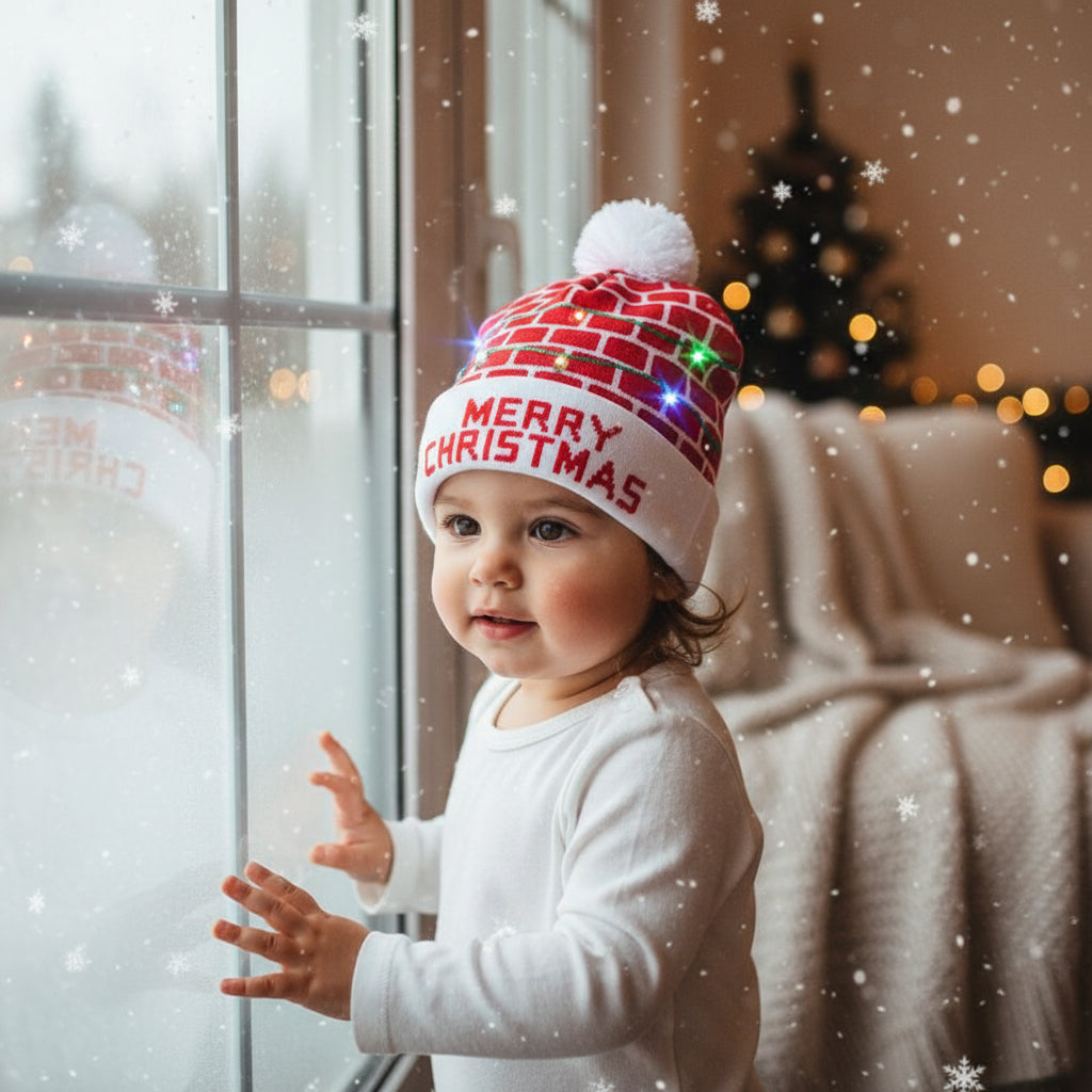 LED Christmas Woolen Beanie Cap – 6 Built-in LEDs, 4 Lighting Modes, Soft Wool, Unisex Free Size