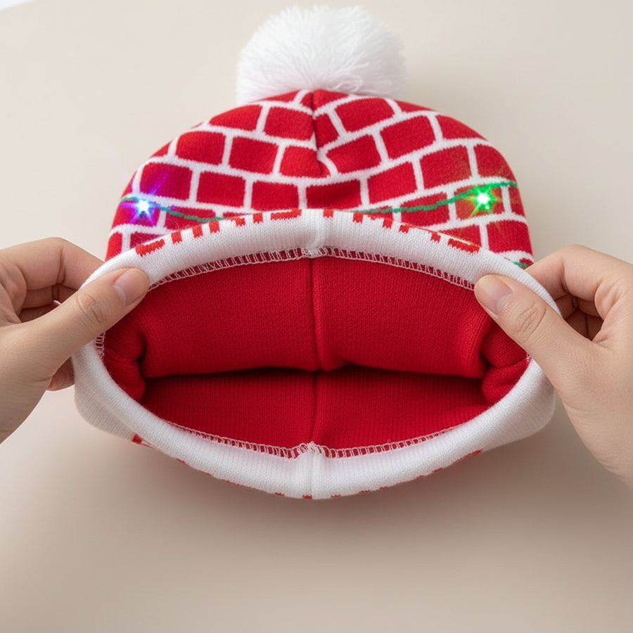 LED Christmas Woolen Beanie Cap – 6 Built-in LEDs, 4 Lighting Modes, Soft Wool, Unisex Free Size