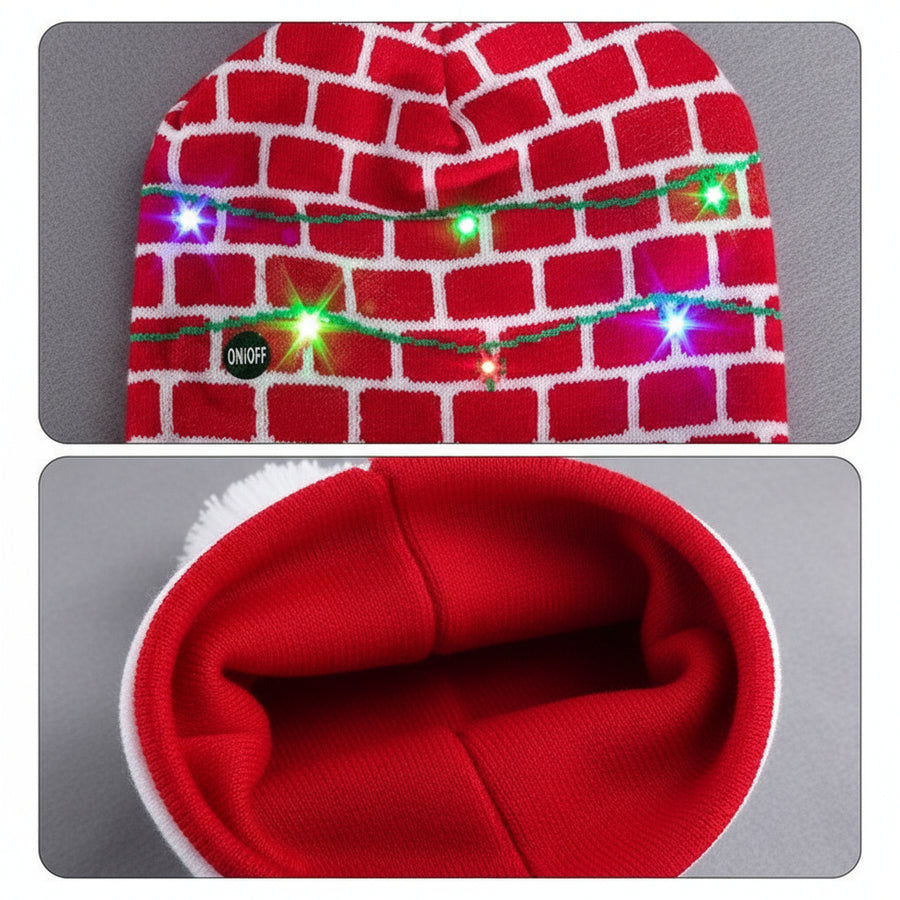 LED Christmas Woolen Beanie Cap – 6 Built-in LEDs, 4 Lighting Modes, Soft Wool, Unisex Free Size