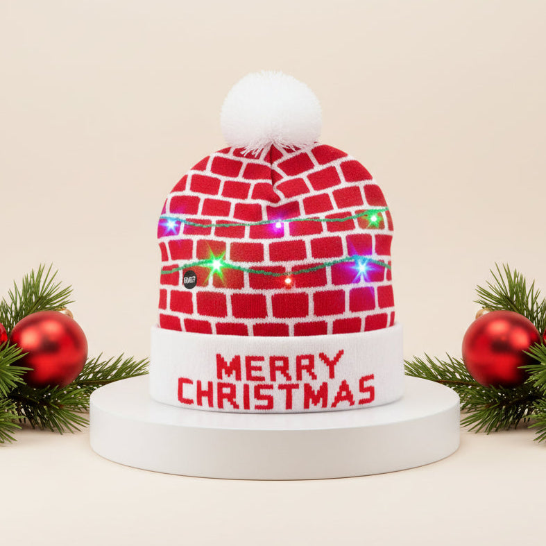 LED Christmas Woolen Beanie Cap – 6 Built-in LEDs, 4 Lighting Modes, Soft Wool, Unisex Free Size