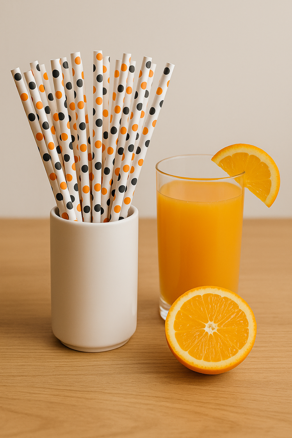 Halloween Polka Dot Paper Straws – 50 Pcs – Orange & Black Dots on Cream Base